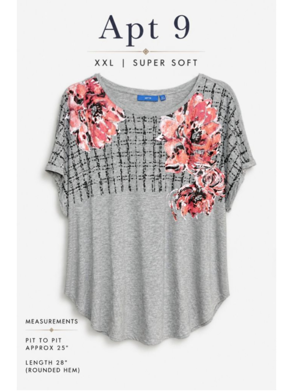 Apt 9 XXL Floral Top Gray Super Soft Stretch Tee Casual or Work